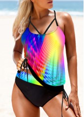 Multi Color swimwear,Floral swimwear,ROTITA Drawstring Waist Rainbow Color Printed Tankini Set