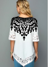 White tops,Tribal tops,ROTITA Lace Trim Asymmetric Hem Printed T Shirt