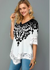 White tops,Tribal tops,ROTITA Lace Trim Asymmetric Hem Printed T Shirt