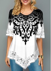 White tops,Tribal tops,ROTITA Lace Trim Asymmetric Hem Printed T Shirt