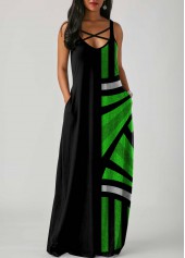 Green dresses,Geometric dresses,ROTITA Side Pocket Geometric Print Spaghetti Strap Maxi Dress