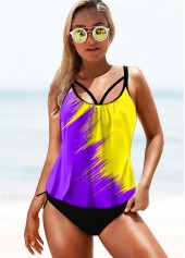 Purple swimwear,Floral swimwear,ROTITA Tie Side Wide Strap Printed Tankini Set