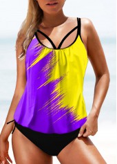 Purple swimwear,Floral swimwear,ROTITA Tie Side Wide Strap Printed Tankini Set