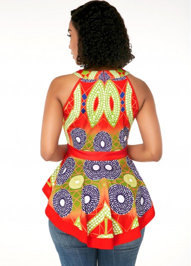 Orange tops,Floral tops,ROTITA Orange Red Sleeveless Tribal Print T Shirt