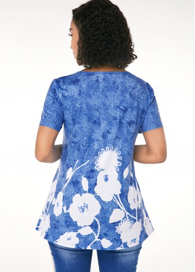 Blue tops,Floral tops,ROTITA Short Sleeve Lace Trim Printed T Shirt