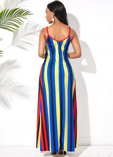 Blue dresses,Striped dresses,ROTITA Multi Stripe Side Pocket Spaghetti Strap Maxi Dress