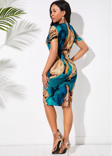 Multi Color dresses,Floral dresses,ROTITA Round Neck Abstract Print Short Sleeve Dress