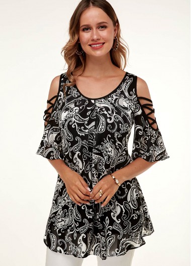 Black tops,Floral tops,ROTITA A Line Cold Shoulder Printed Flare Sleeve T Shirt