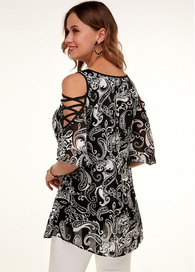 Black tops,Floral tops,ROTITA A Line Cold Shoulder Printed Flare Sleeve T Shirt