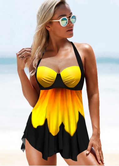 Yellow swimwear,Floral swimwear,ROTITA Daisy Print Halter Wide Strap Swimdress and Panty