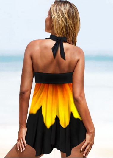 Yellow swimwear,Floral swimwear,ROTITA Daisy Print Halter Wide Strap Swimdress and Panty