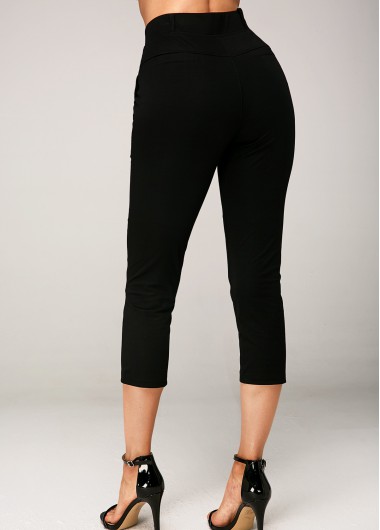 Black bottoms,Plain Color bottoms,ROTITA Side Pocket Elastic Waist Black Crop Pants