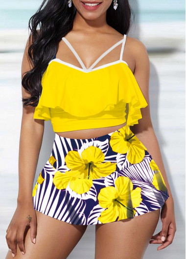 Yellow swimwear,Floral swimwear,ROTITA High Waisted Ruffle Overlay Floral Print Bikini Set