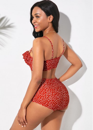 Red swimwear,Dot swimwear,ROTITA Ruffle Trim Polka Dot Bowknot Bikini Set