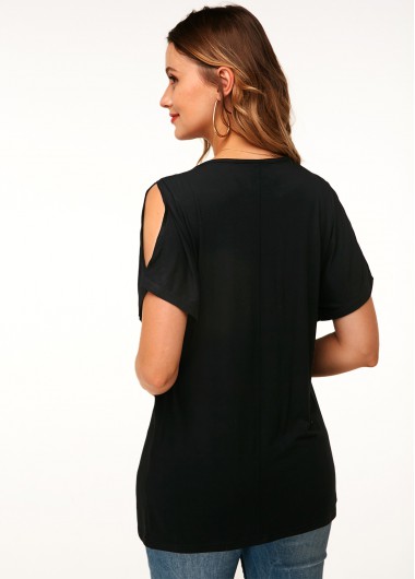 Black tops,Plain Color tops,ROTITA Cold Shoulder V Neck Black Casual T Shirt