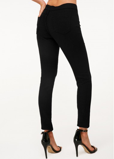 Black bottoms,Plain Color bottoms,ROTITA Black Shredded High Waist Skinny Jeans