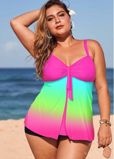 Rotita Plus Size Printed Spaghetti Strap Rainbow Color Tankini Set