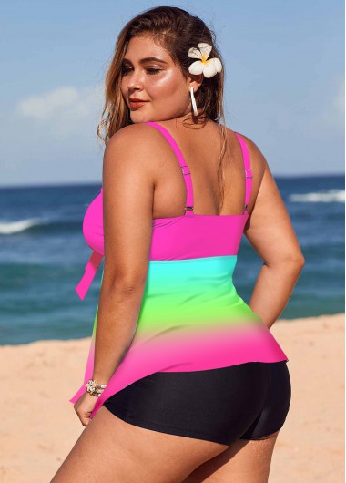 Hot Pink plus size,Floral plus size,ROTITA Plus Size Printed Spaghetti Strap Rainbow Color Tankini Set