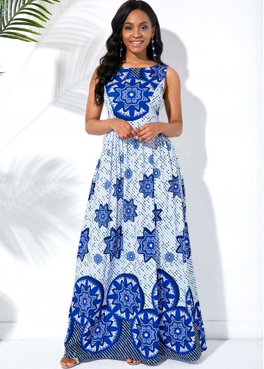 Blue dresses,Floral dresses,ROTITA Tribal Print Sleeveless Round Neck Maxi Dress 