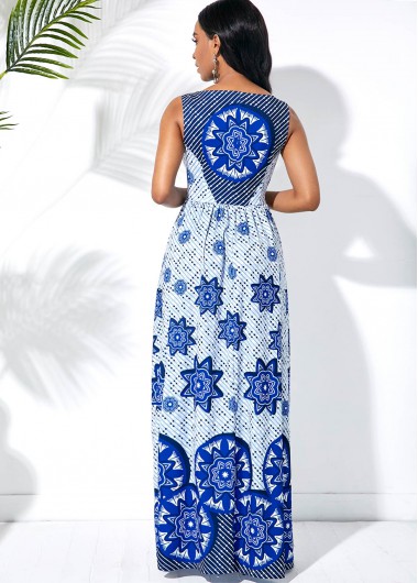Blue dresses,Floral dresses,ROTITA Tribal Print Sleeveless Round Neck Maxi Dress 
