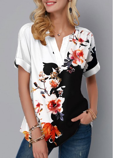 Multi Color tops,Floral tops,ROTITA Split Neck Floral Print Short Sleeve Blouse