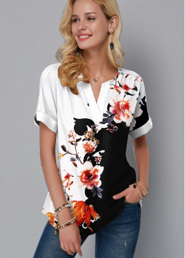 Multi Color tops,Floral tops,ROTITA Split Neck Floral Print Short Sleeve Blouse