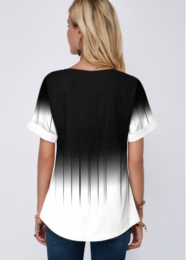 Black tops,Floral tops,ROTITA Short Sleeve Color Block Printed Blouse