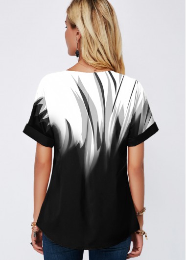 Black tops,Floral tops,ROTITA Split Neck Gradient Short Sleeve Blouse