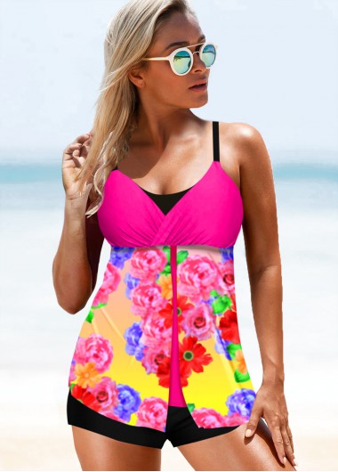 Hot Pink swimwear,Floral swimwear,ROTITA Plus Size Floral Print Wide Strap Takini Set