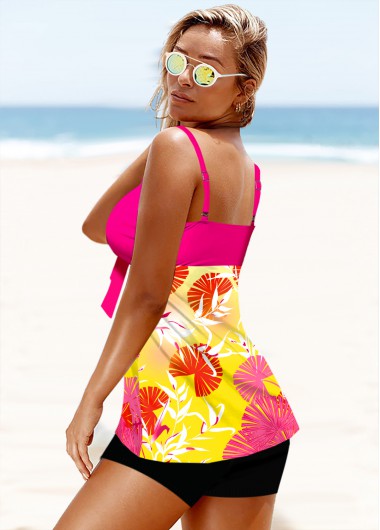 Hot Pink swimwear,Plants swimwear,ROTITA Swimwear Slit Hem Leaf Print Tankini Set