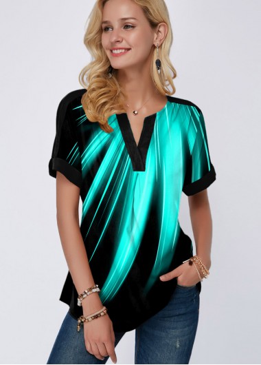 Mint Green tops,Floral tops,ROTITA Rainbow Color Split Neck Printed Mint Green Blouse