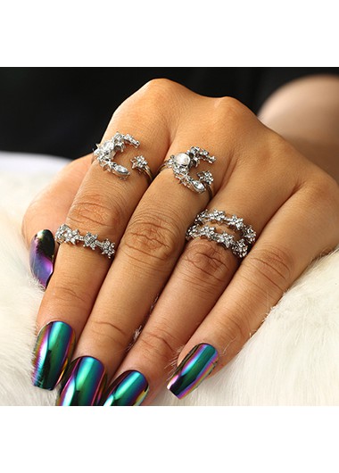 Silvery White jewelry,Silver Metal Bohemian Geometric Shape Ring Set