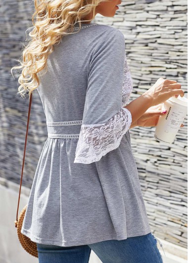 Light Grey Marl tops,Contrast Color tops,ROTITA Lace Panel Flare Cuff Button Up T Shirt