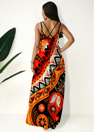 Red dresses,Floral dresses,ROTITA Spaghetti Strap Tribal Print Side Pocket Maxi Dress