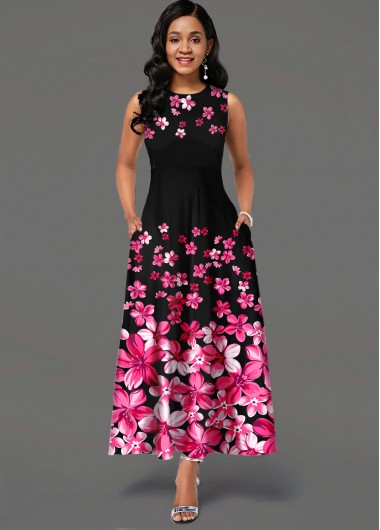 Hot Pink dresses,Floral dresses,ROTITA Floral Print Sleeveless Side Pocket Maxi Dress