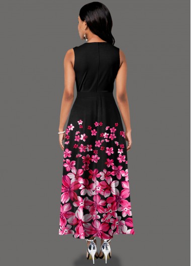 Hot Pink dresses,Floral dresses,ROTITA Floral Print Sleeveless Side Pocket Maxi Dress