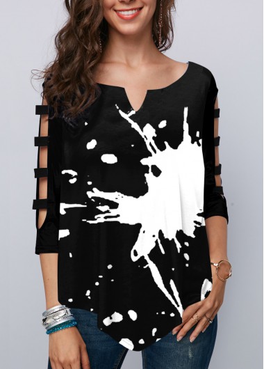 Black tops,Floral tops,ROTITA Ladder Cutout Sleeve Printed Asymmetric Hem T Shirt