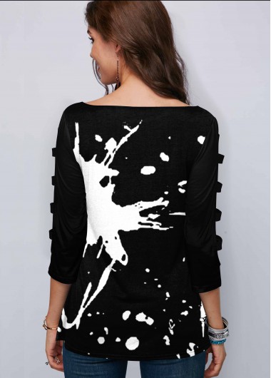 Black tops,Floral tops,ROTITA Ladder Cutout Sleeve Printed Asymmetric Hem T Shirt