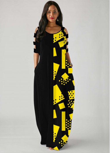 Multi Color dresses,Geometric dresses,ROTITA Ladder Cutout Sleeve Geometric Print Side Pocket Maxi Dress