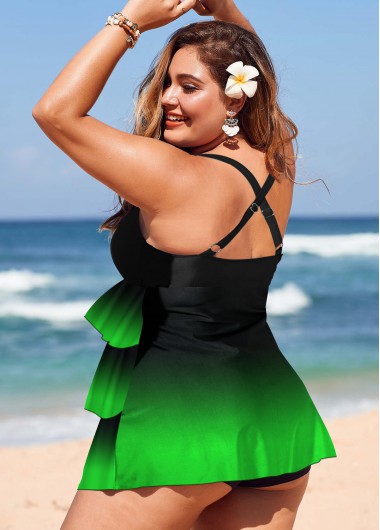 Green plus size,Contrast Color plus size,ROTITA Plus Size Layered Hem Gradient Swimdress and Panty