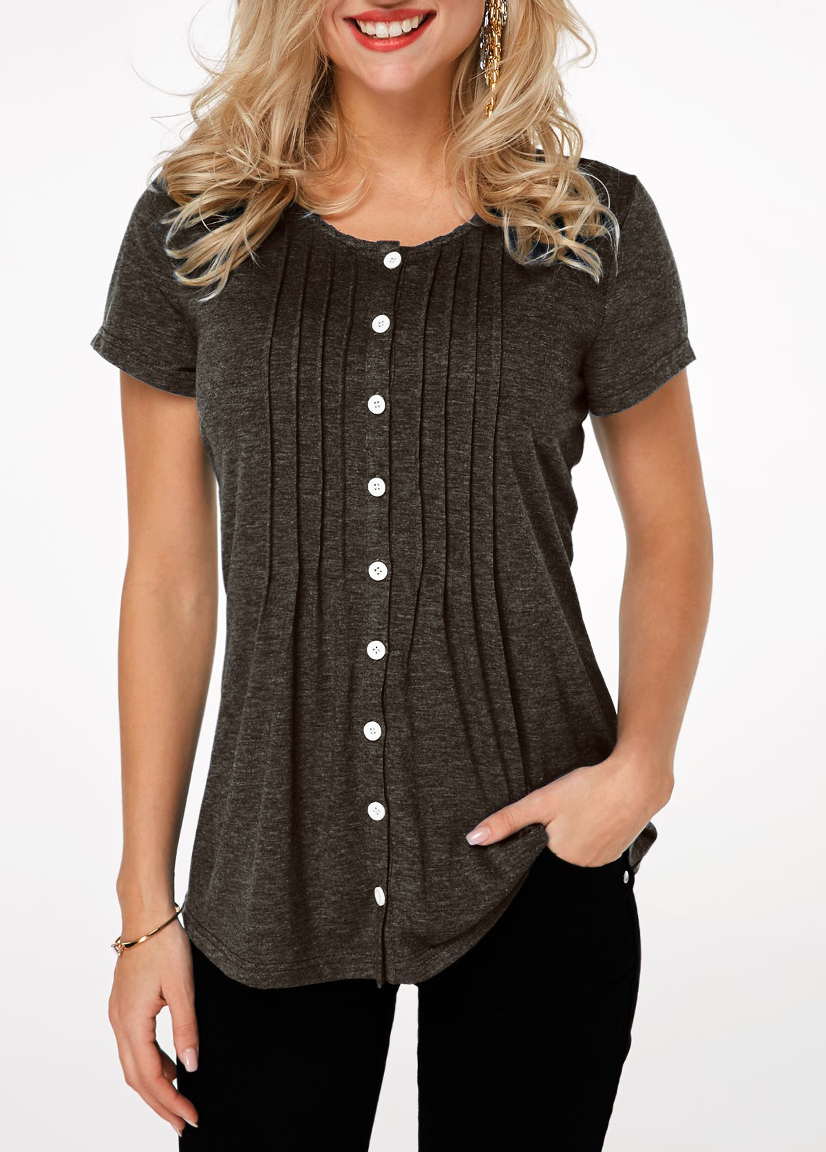 Black tops,Plain Color tops,ROTITA Pleated Button Up Short Sleeve T Shirt