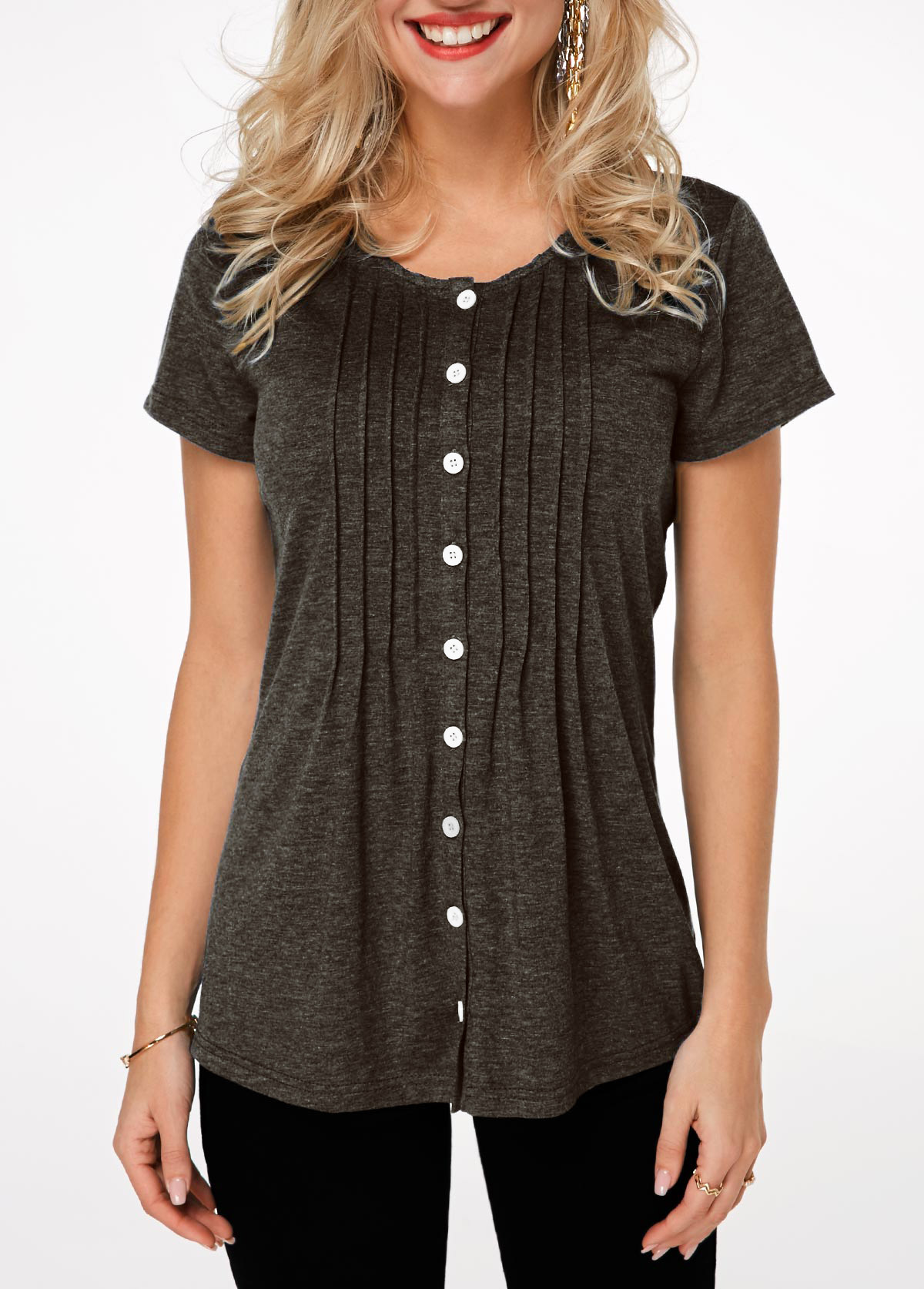 Black tops,Plain Color tops,ROTITA Pleated Button Up Short Sleeve T Shirt