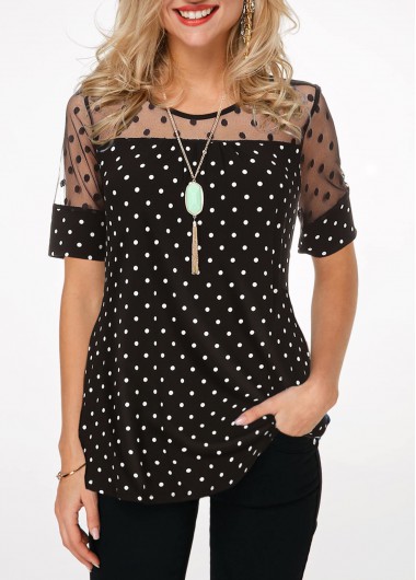 ROTITA Polka Dot Short Sleeve Lace Patchwork Blouse