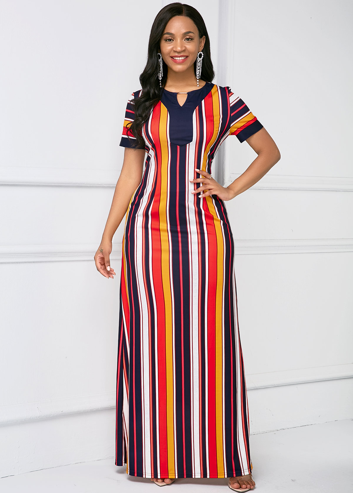 ROTITA Short Sleeve Stripe Print Keyhole Neckline Maxi Dress