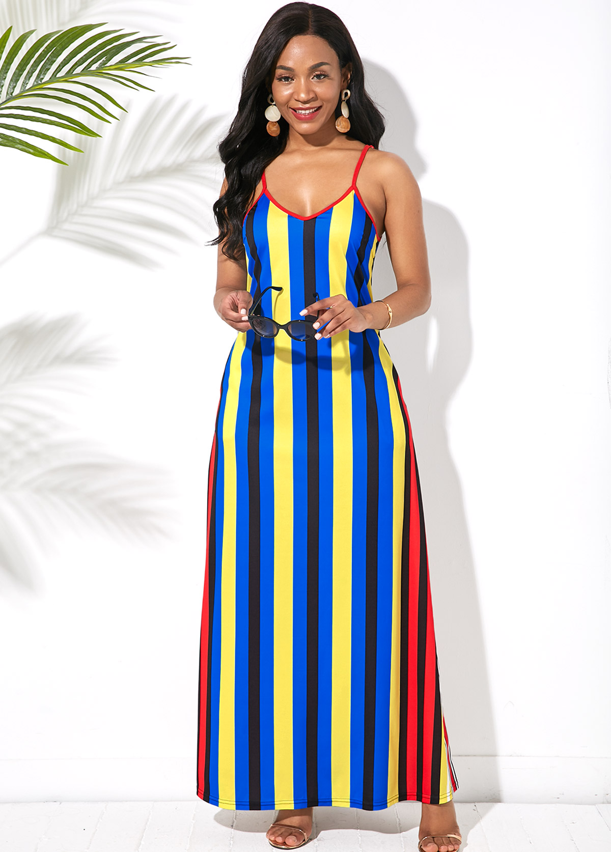 Blue dresses,Striped dresses,ROTITA Multi Stripe Side Pocket Spaghetti Strap Maxi Dress