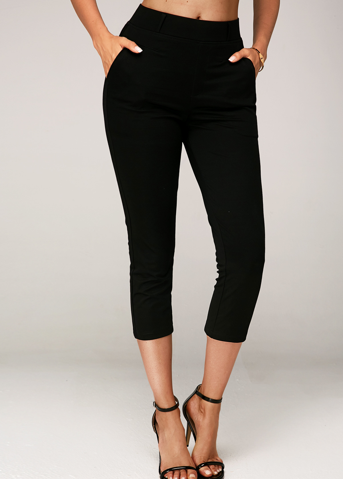 Black bottoms,Plain Color bottoms,ROTITA Side Pocket Elastic Waist Black Crop Pants