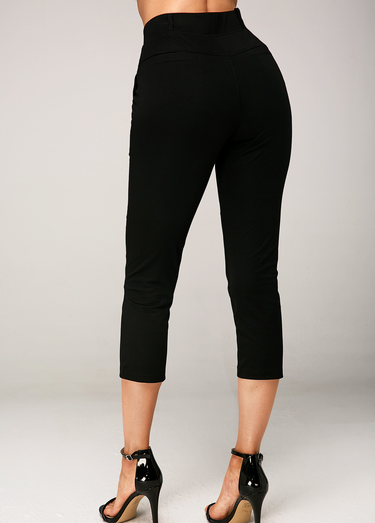 Black bottoms,Plain Color bottoms,ROTITA Side Pocket Elastic Waist Black Crop Pants
