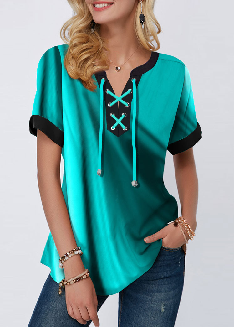 ROTITA Lace Up Green Short Sleeve Tie Neck Blouse