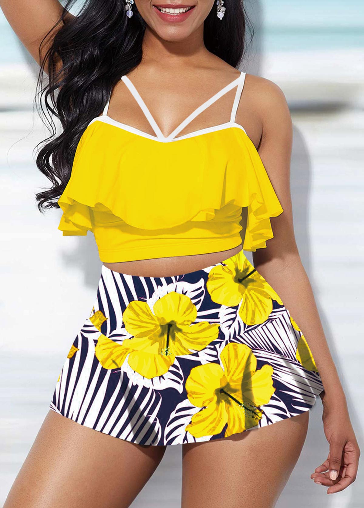 Yellow swimwear,Floral swimwear,ROTITA High Waisted Ruffle Overlay Floral Print Bikini Set