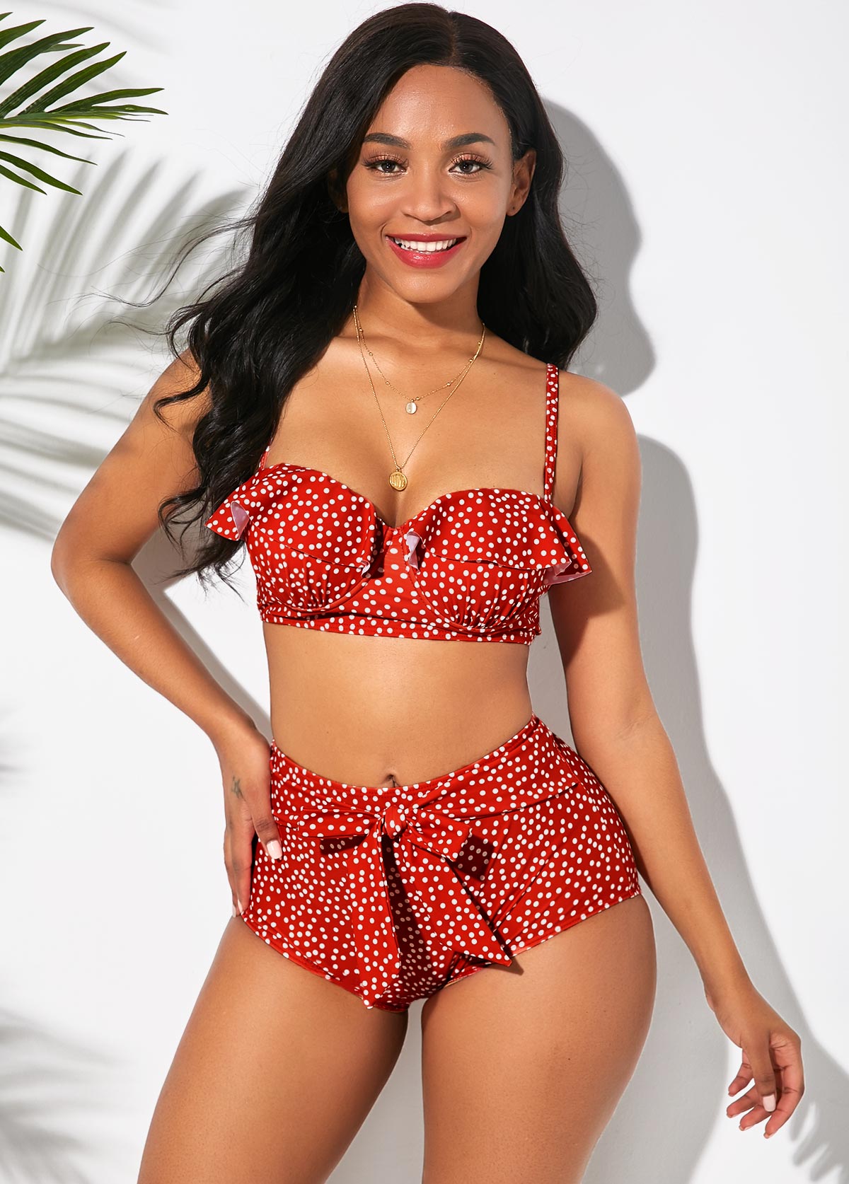 Red swimwear,Dot swimwear,ROTITA Ruffle Trim Polka Dot Bowknot Bikini Set
